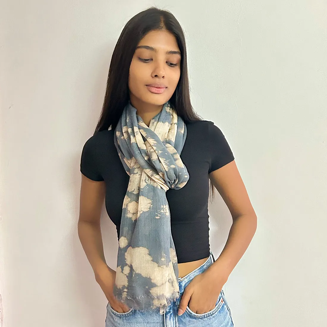 Grey & Beige Crumple Tie Dye Modal Scarf with Italian Fringes
