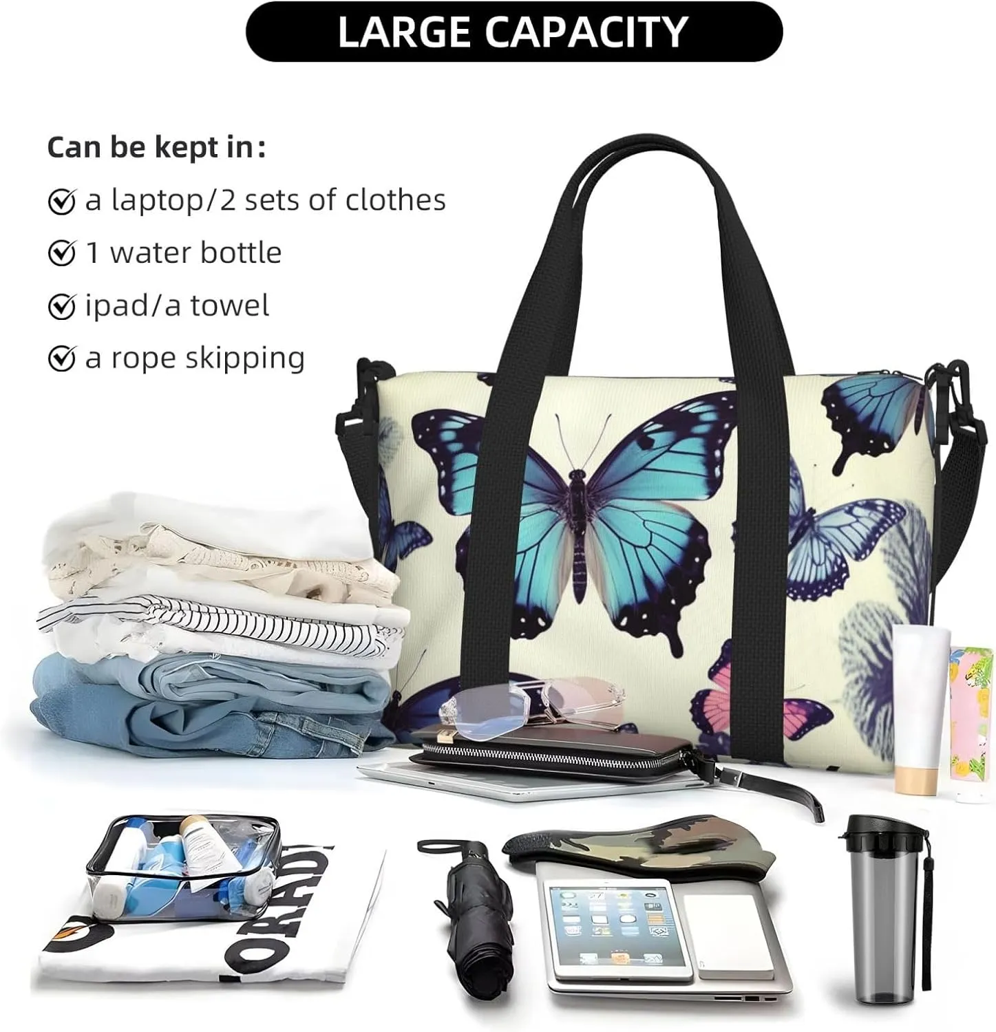 Gym Bags Small Beautiful Butterfly Duffel Bag Overnight Bag with Shoe Compartment Carryon Bag for Men Women