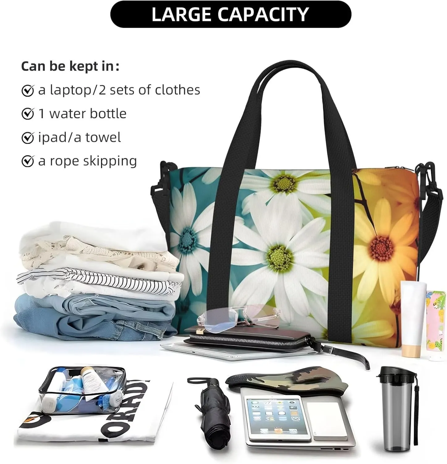 Gym Bags Small Daisy Flowers Duffel Bag Overnight Bag with Shoe Compartment Carryon Bag for Men Women