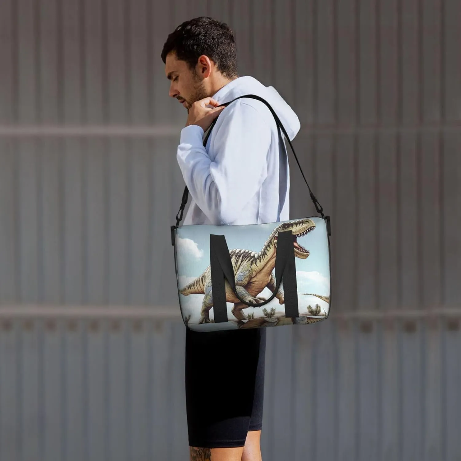 Gym Bags Small Dinosaur Walking Duffel Bag Overnight Bag with Shoe Compartment Carryon Bag for Men Women