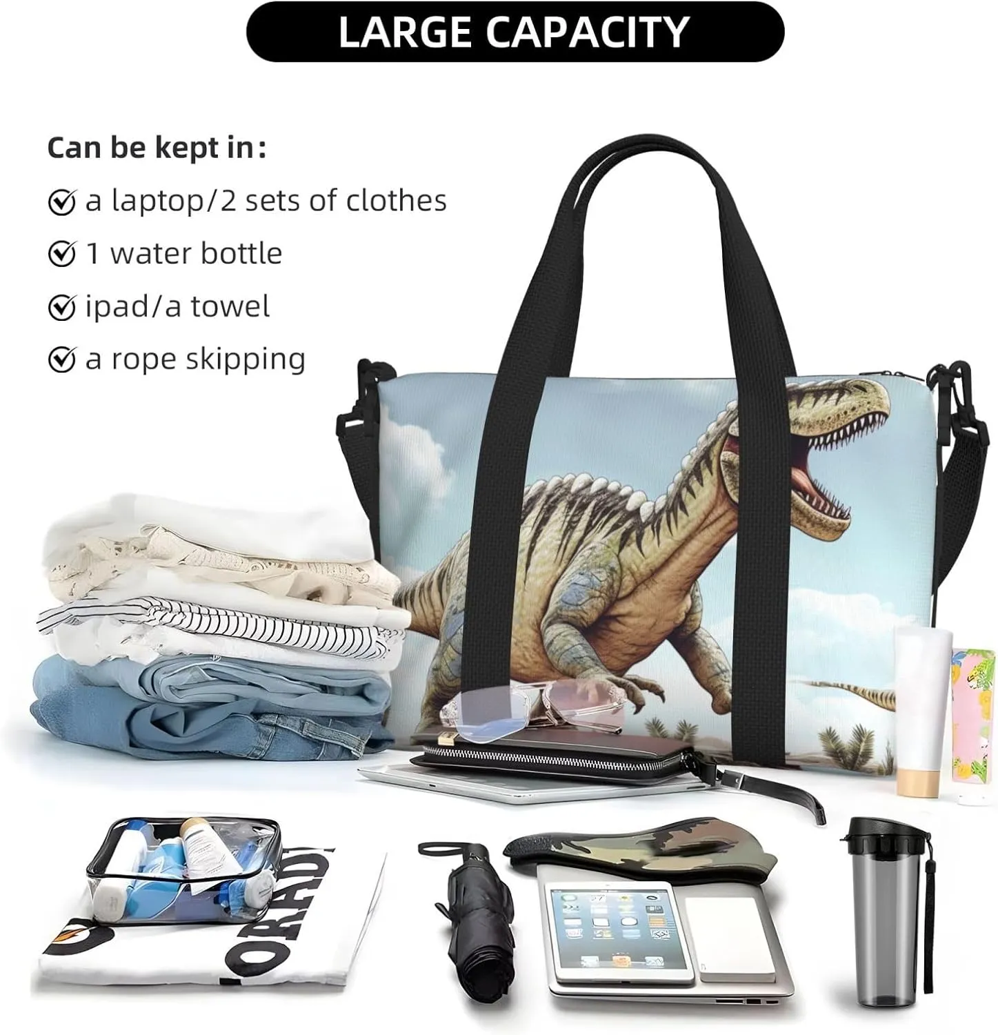 Gym Bags Small Dinosaur Walking Duffel Bag Overnight Bag with Shoe Compartment Carryon Bag for Men Women