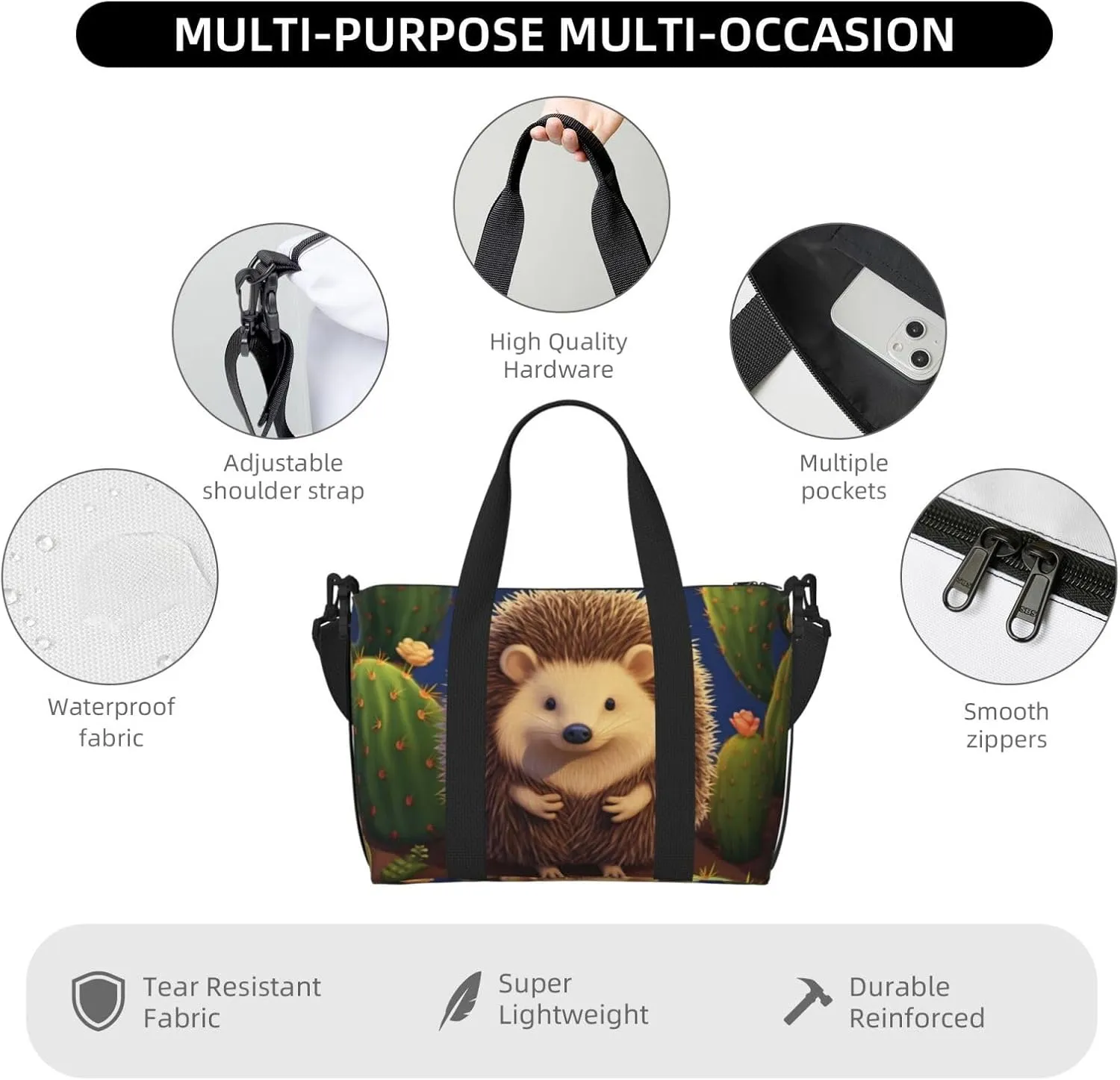Gym Bags Small Hedgehog Cactus Duffel Bag Overnight Bag with Shoe Compartment Carryon Bag for Men Women