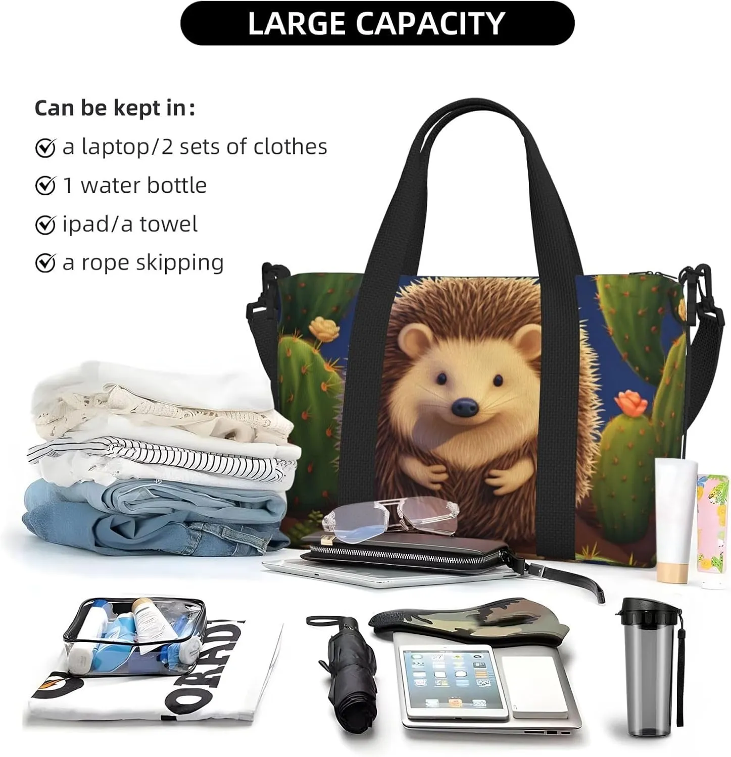 Gym Bags Small Hedgehog Cactus Duffel Bag Overnight Bag with Shoe Compartment Carryon Bag for Men Women