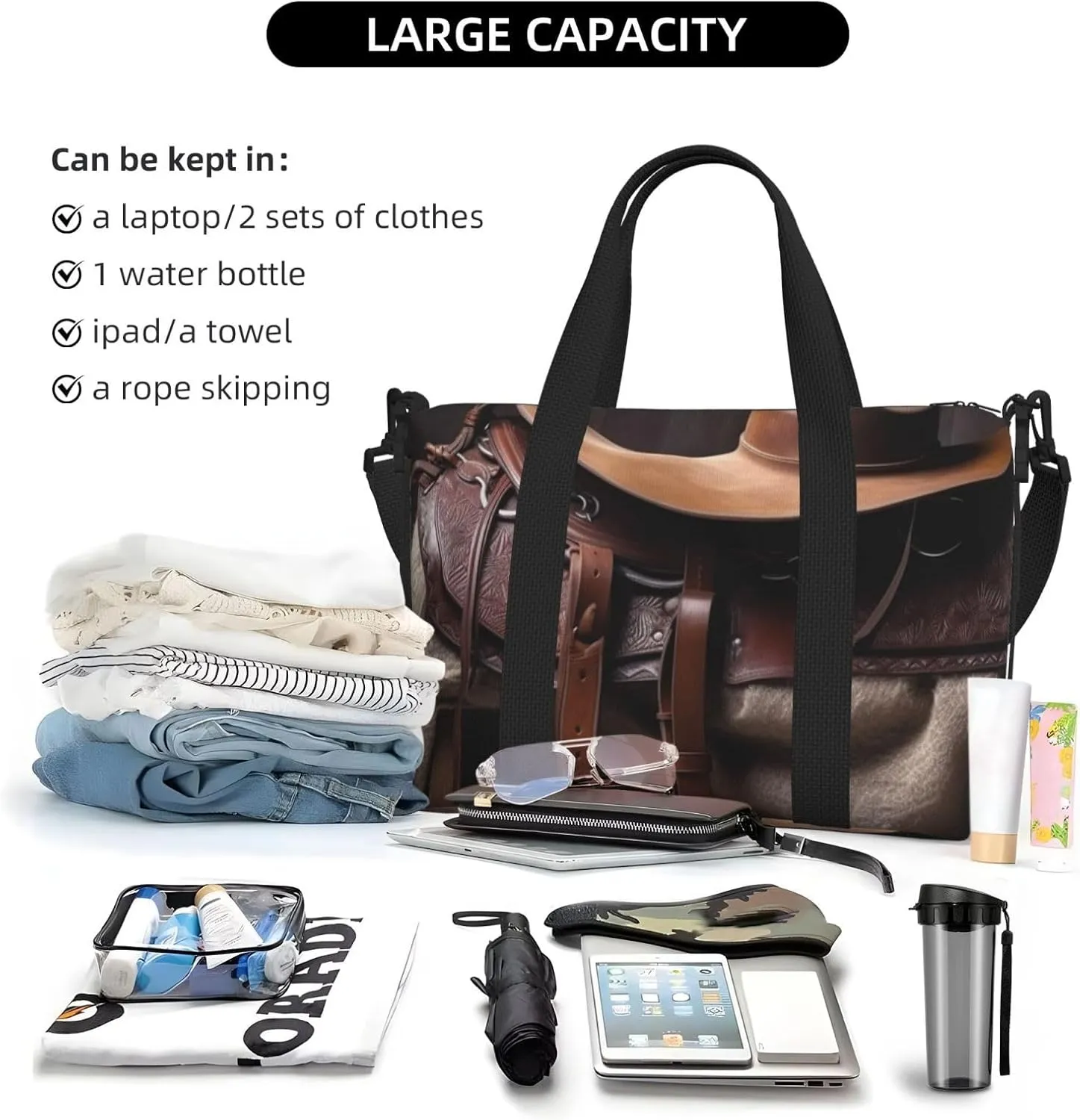 Gym Bags Small Horse Saddle with Cowboy Hat Duffel Bag Overnight Bag with Shoe Compartment Carryon Bag for Men Women