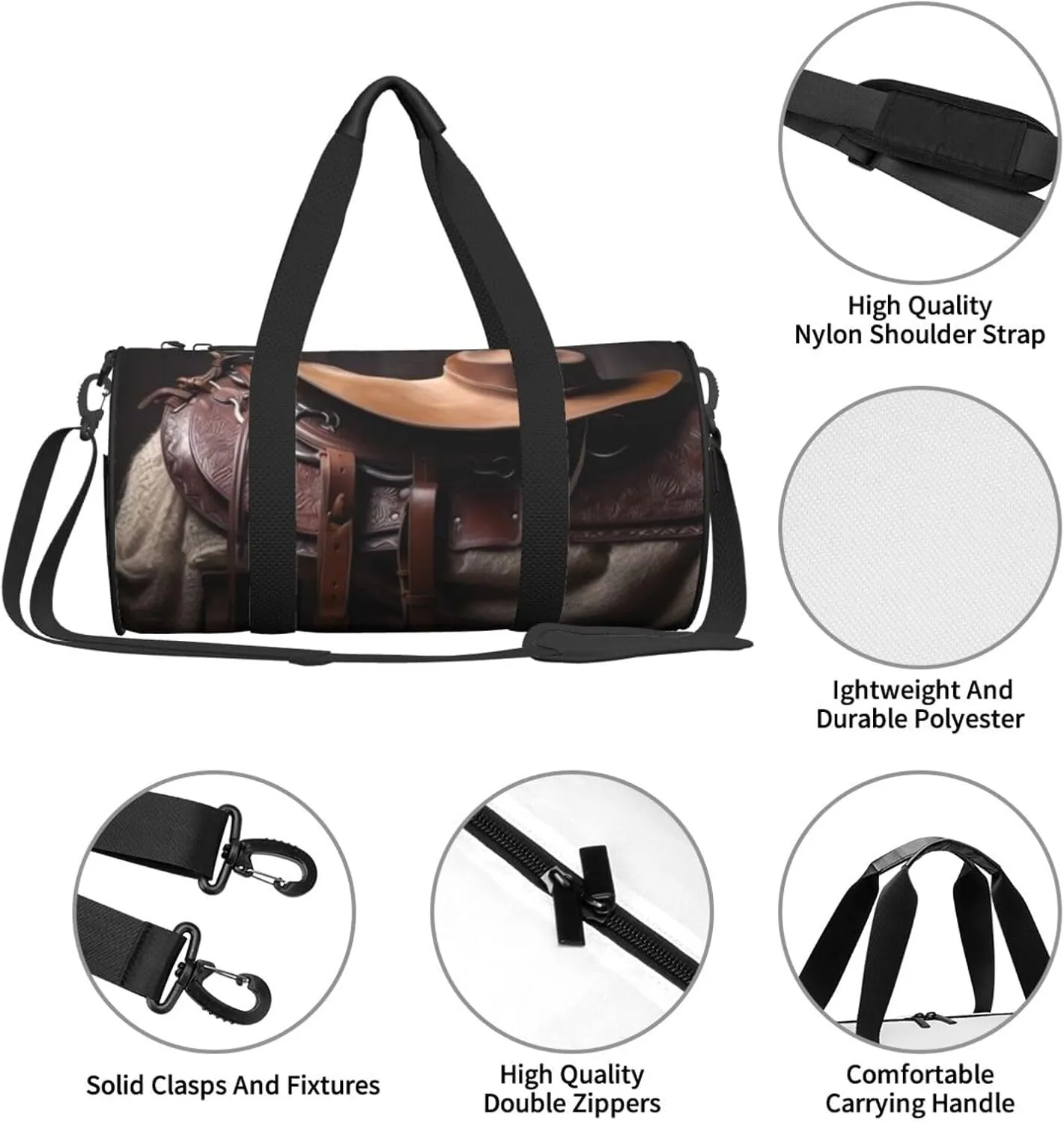 Gym Bags Small Horse Saddle with Cowboy Hat Duffel Bag Overnight Bag with Shoe Compartment Carryon Bag for Men Women