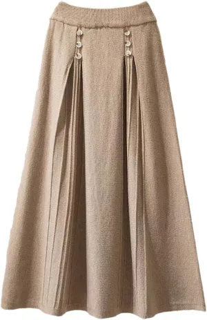 Hamthuit Women Solid Knitted Long Skirt for Women Autumn Winter Buttons A Line High Waist Pleated Midi Skirt