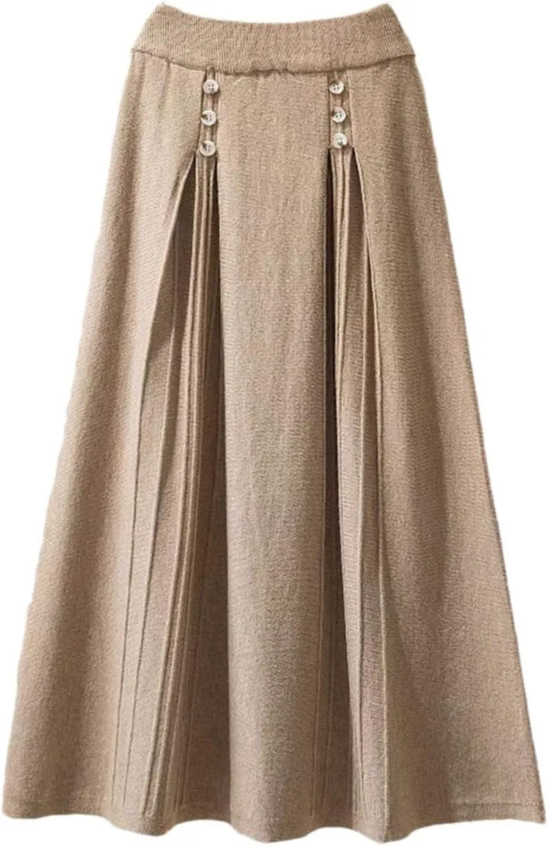 Hamthuit Women Solid Knitted Long Skirt for Women Autumn Winter Buttons A Line High Waist Pleated Midi Skirt