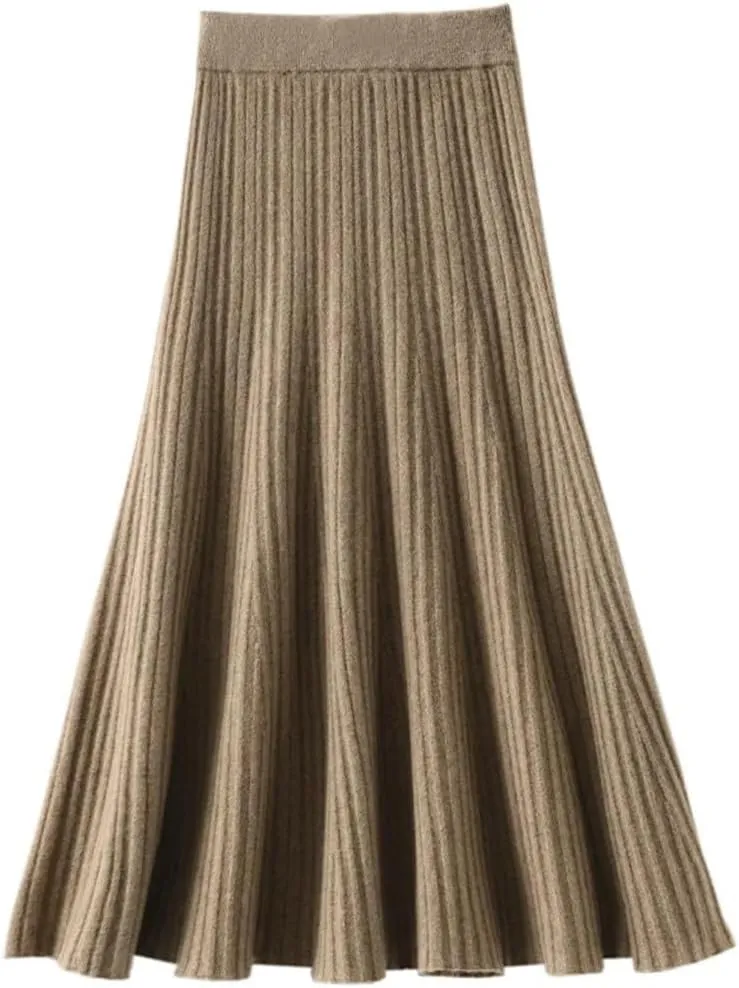 Hamthuit Women's High Waist Pleated Skirt Wool Midi Skirt Thick A-Line Ladies Autumn