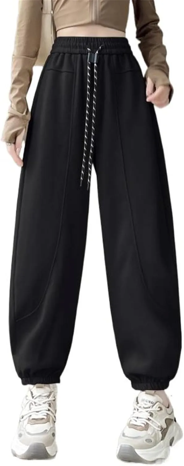 Harem Pants for Women Autumn Winter Elastic Waist high-Waisted Fleece Lining Sporty Casual Sweatpants