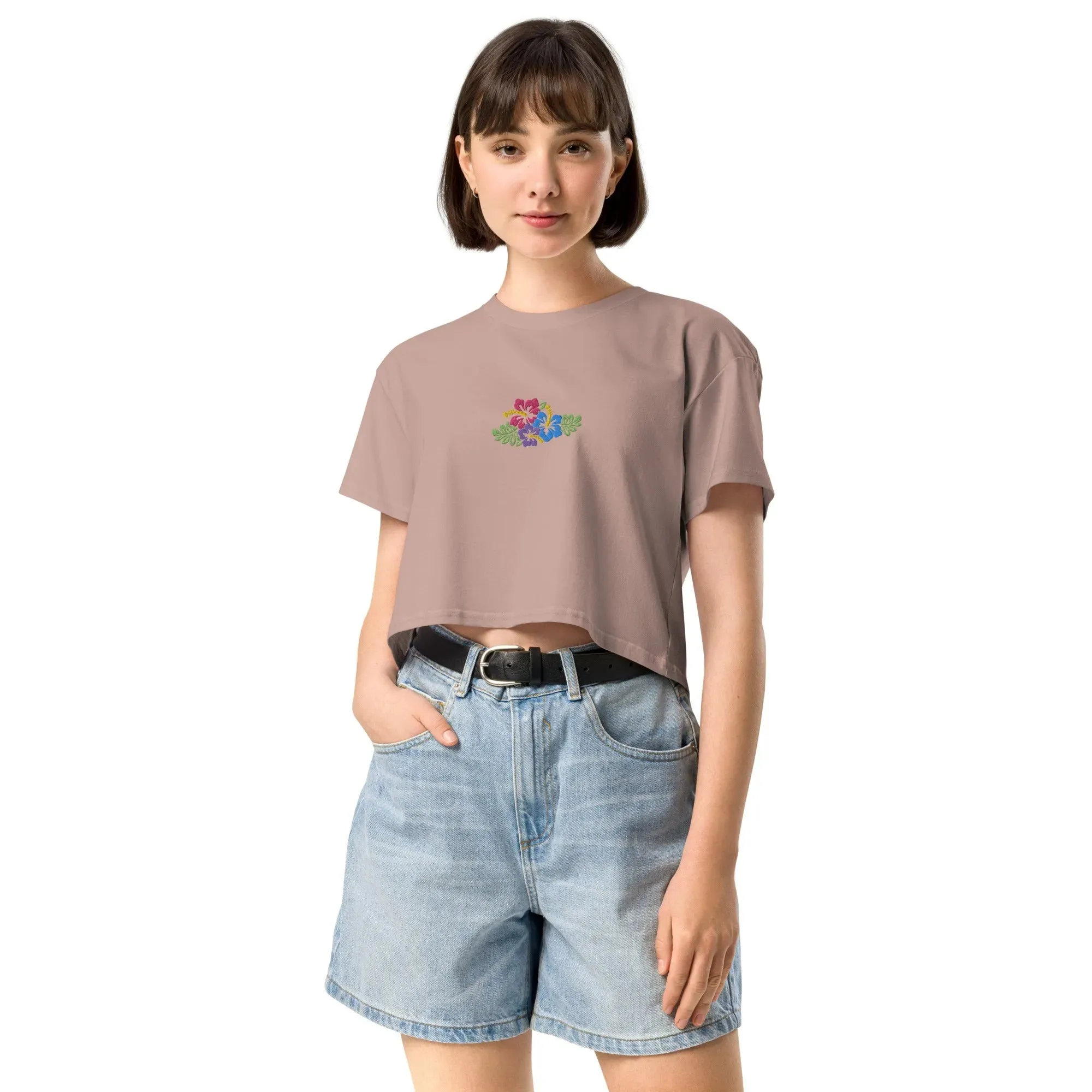 Hawaiian Tropical Leaves Embroidered Cropped T-Shirt