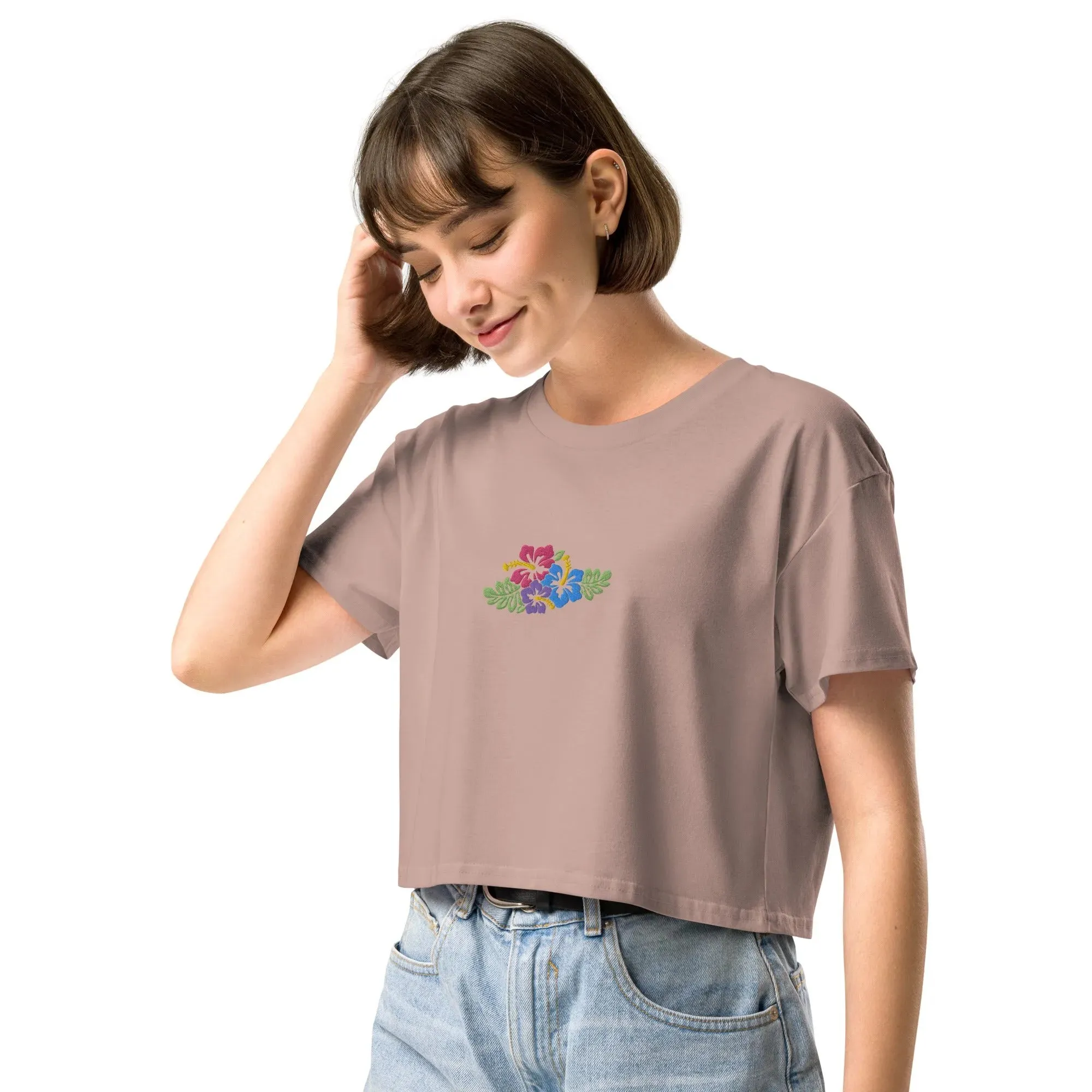 Hawaiian Tropical Leaves Embroidered Cropped T-Shirt