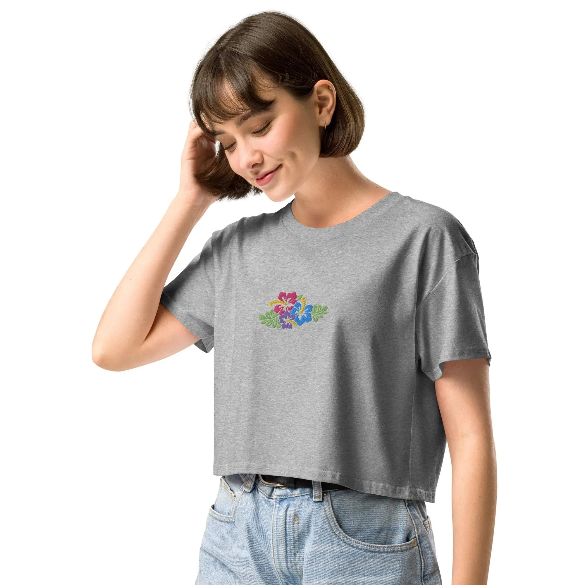 Hawaiian Tropical Leaves Embroidered Cropped T-Shirt