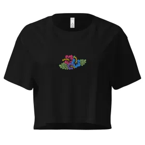 Hawaiian Tropical Leaves Embroidered Cropped T-Shirt