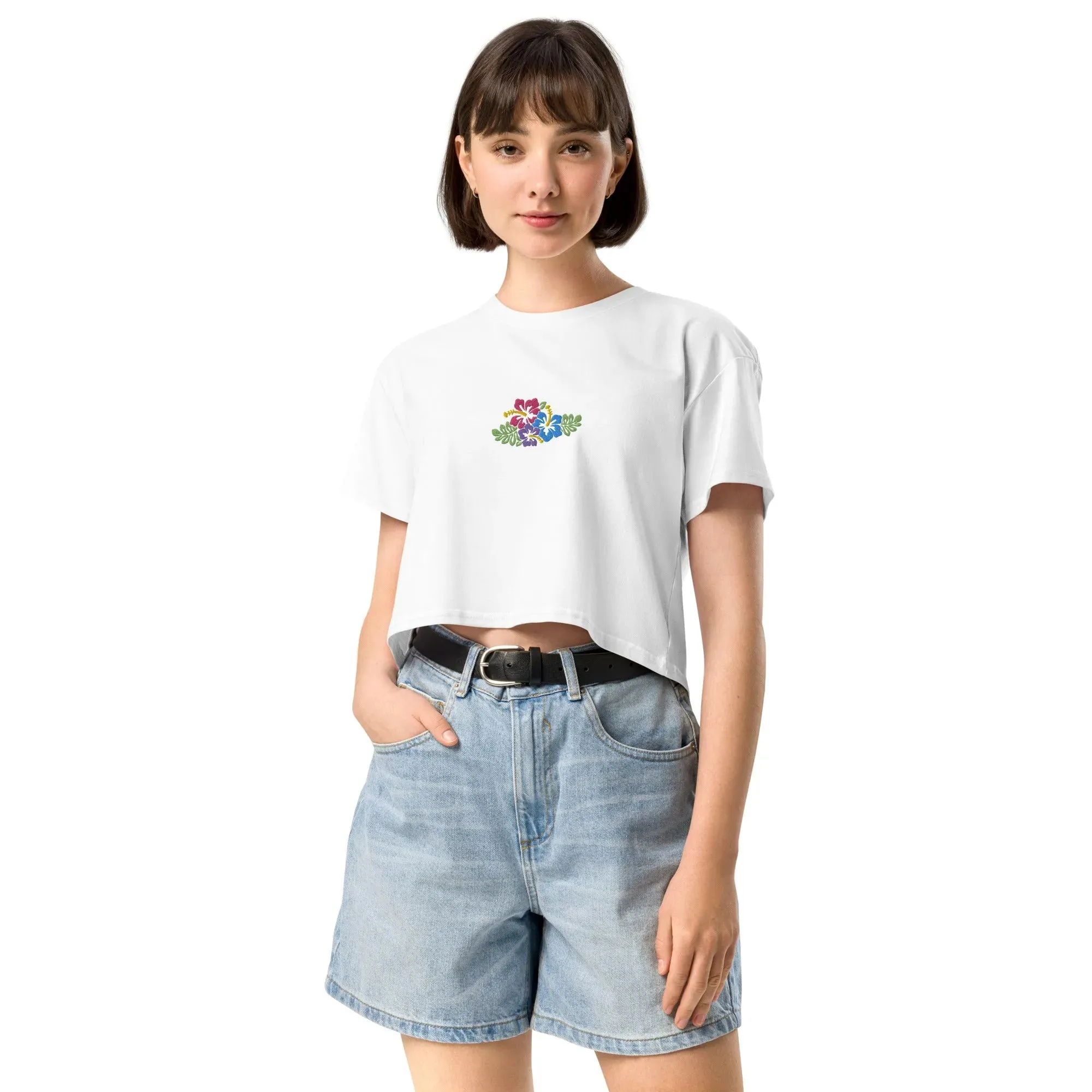 Hawaiian Tropical Leaves Embroidered Cropped T-Shirt