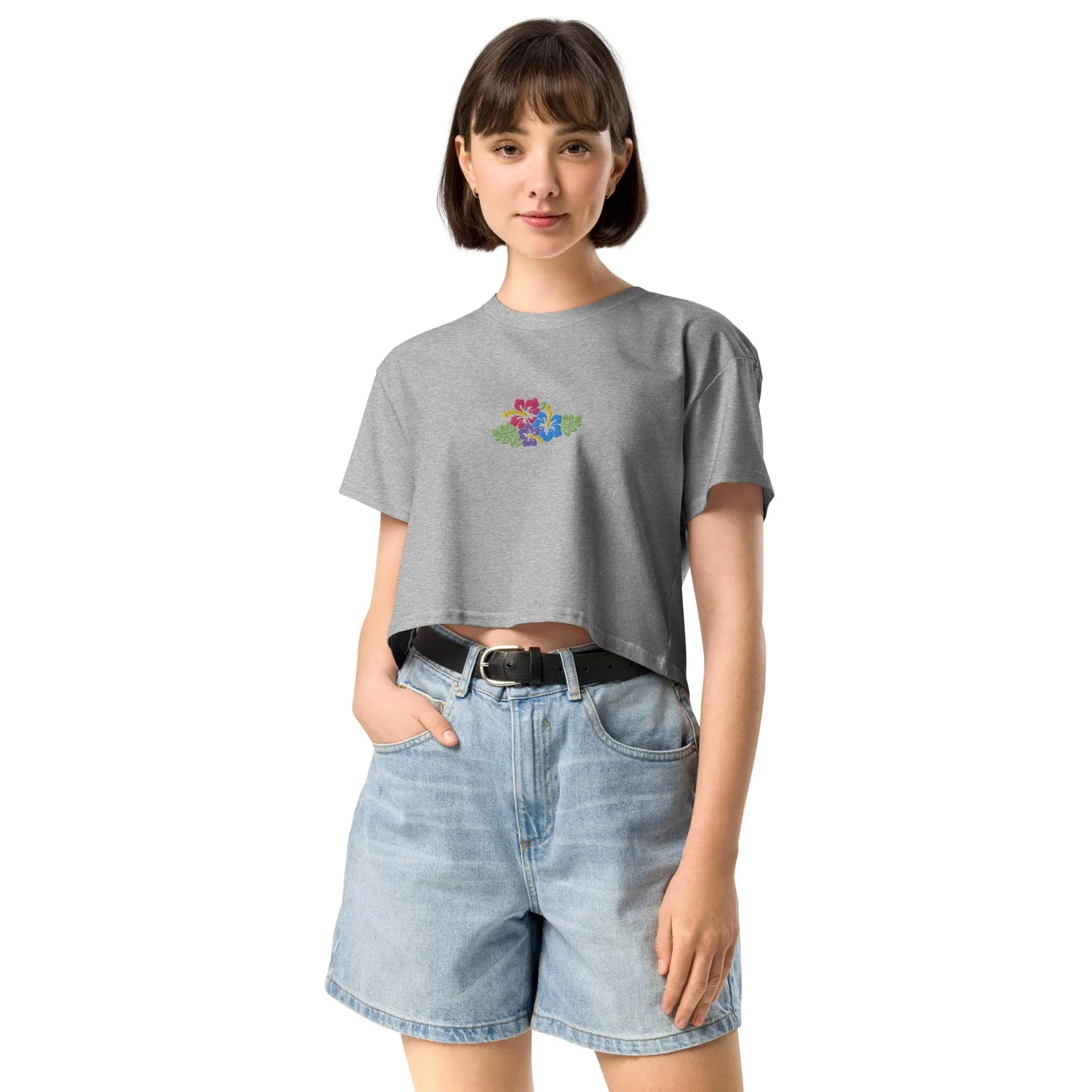 Hawaiian Tropical Leaves Embroidered Cropped T-Shirt