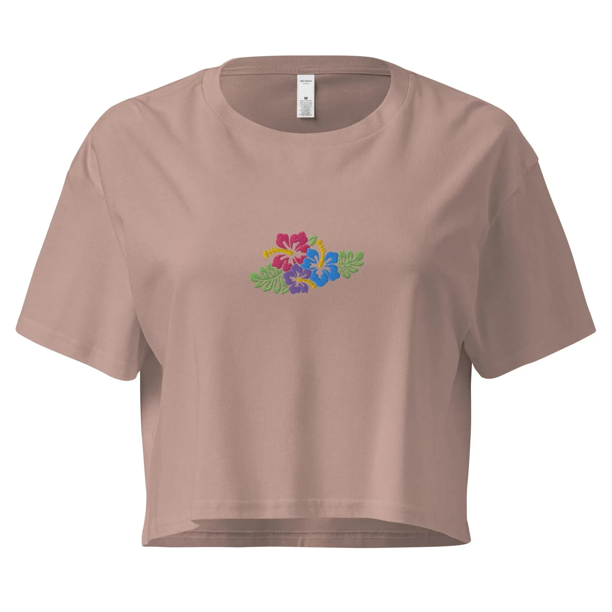 Hawaiian Tropical Leaves Embroidered Cropped T-Shirt