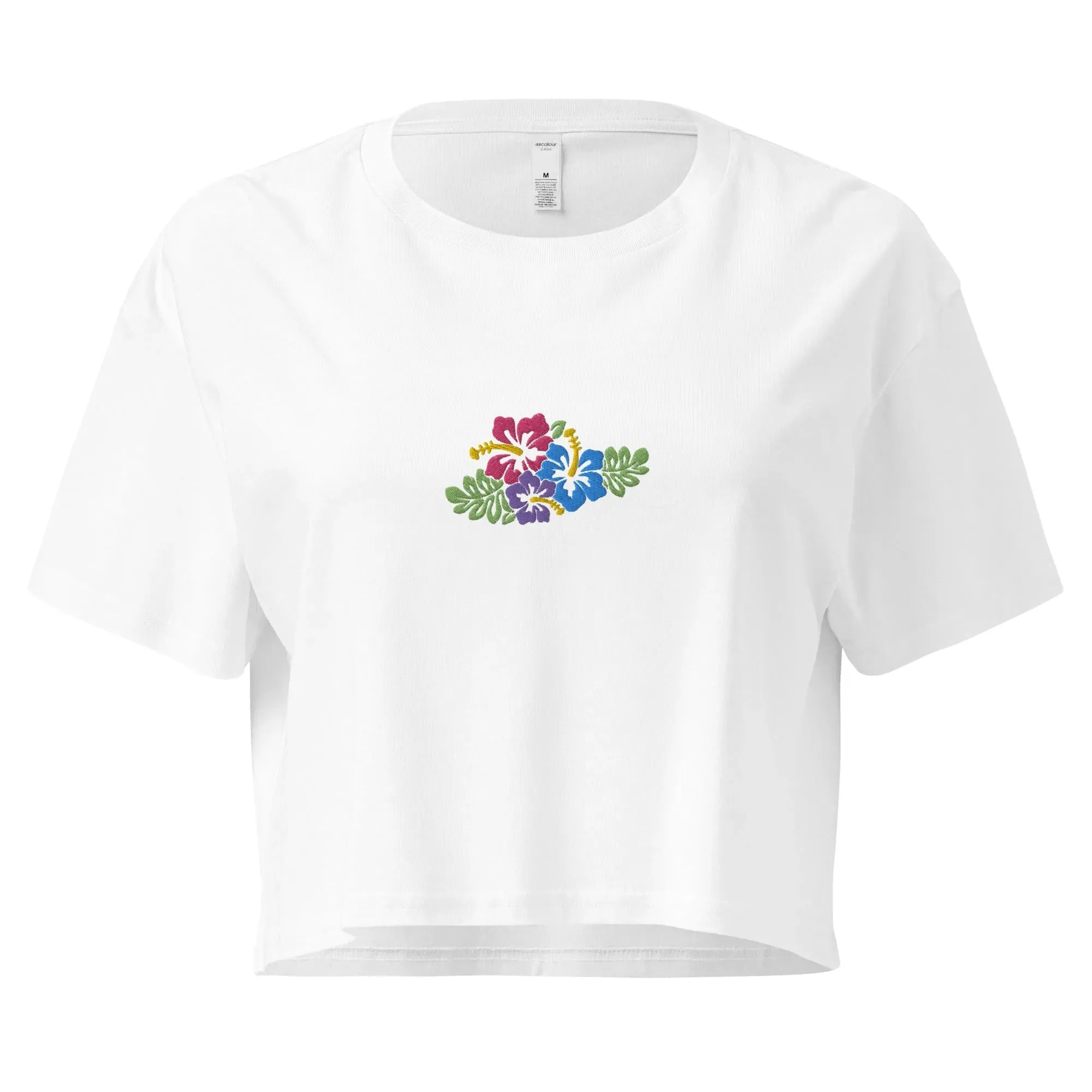 Hawaiian Tropical Leaves Embroidered Cropped T-Shirt