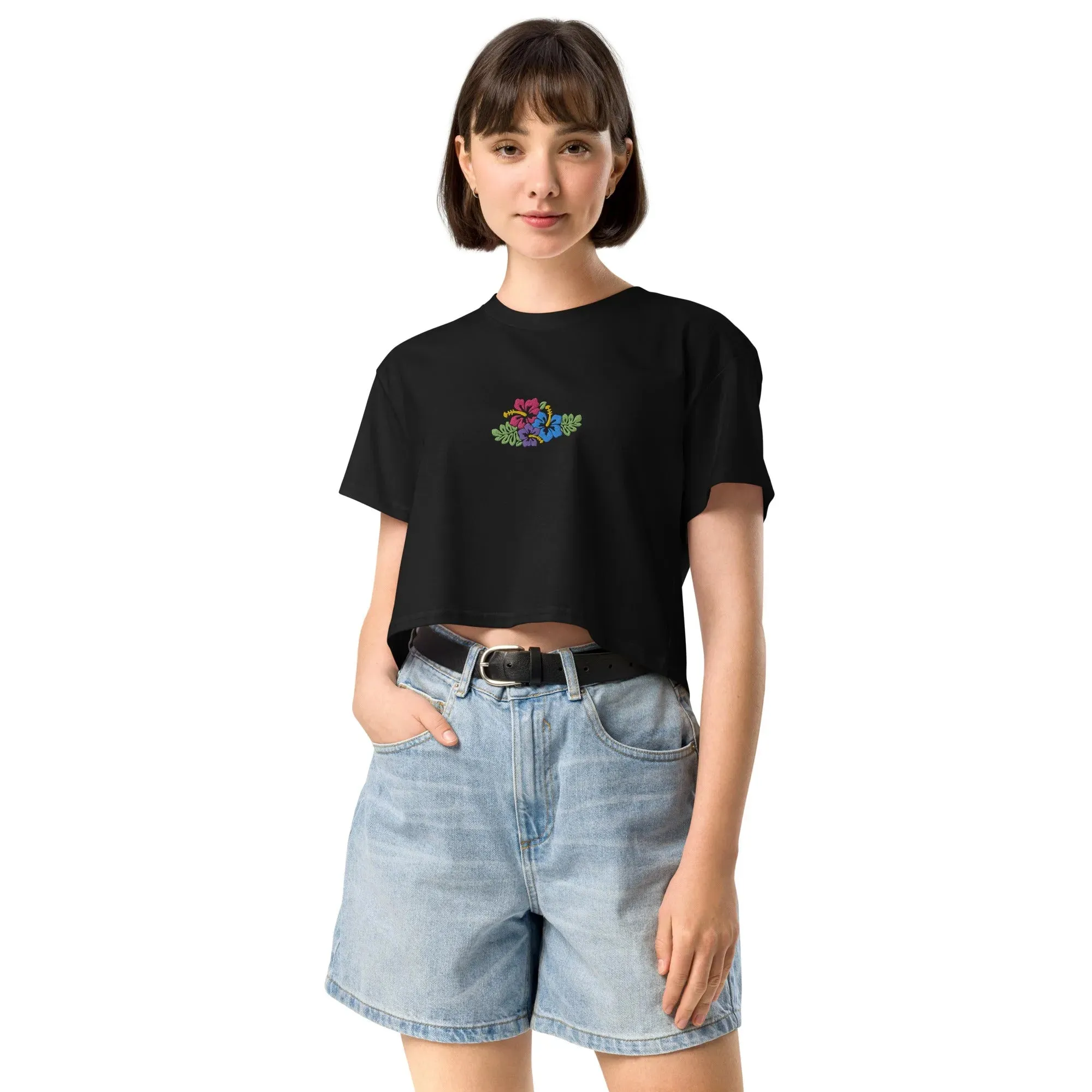 Hawaiian Tropical Leaves Embroidered Cropped T-Shirt