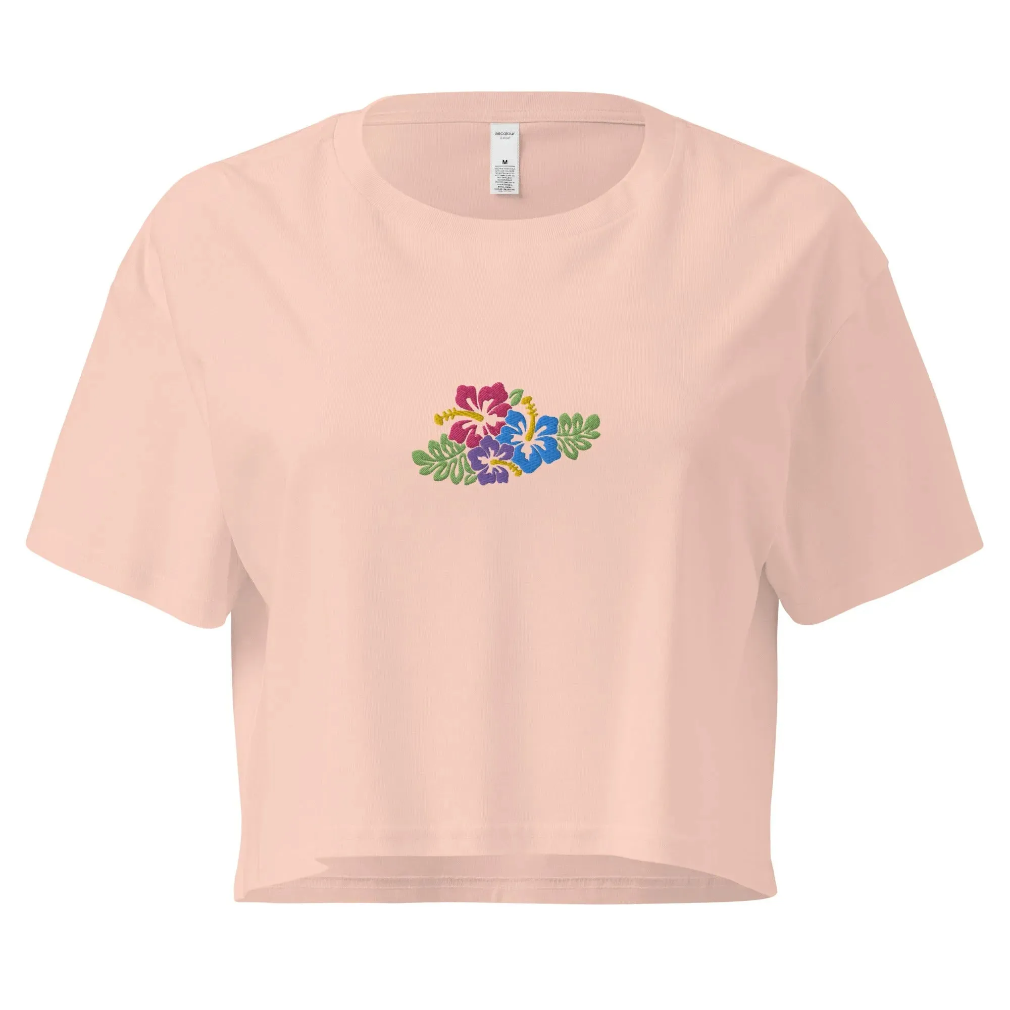 Hawaiian Tropical Leaves Embroidered Cropped T-Shirt