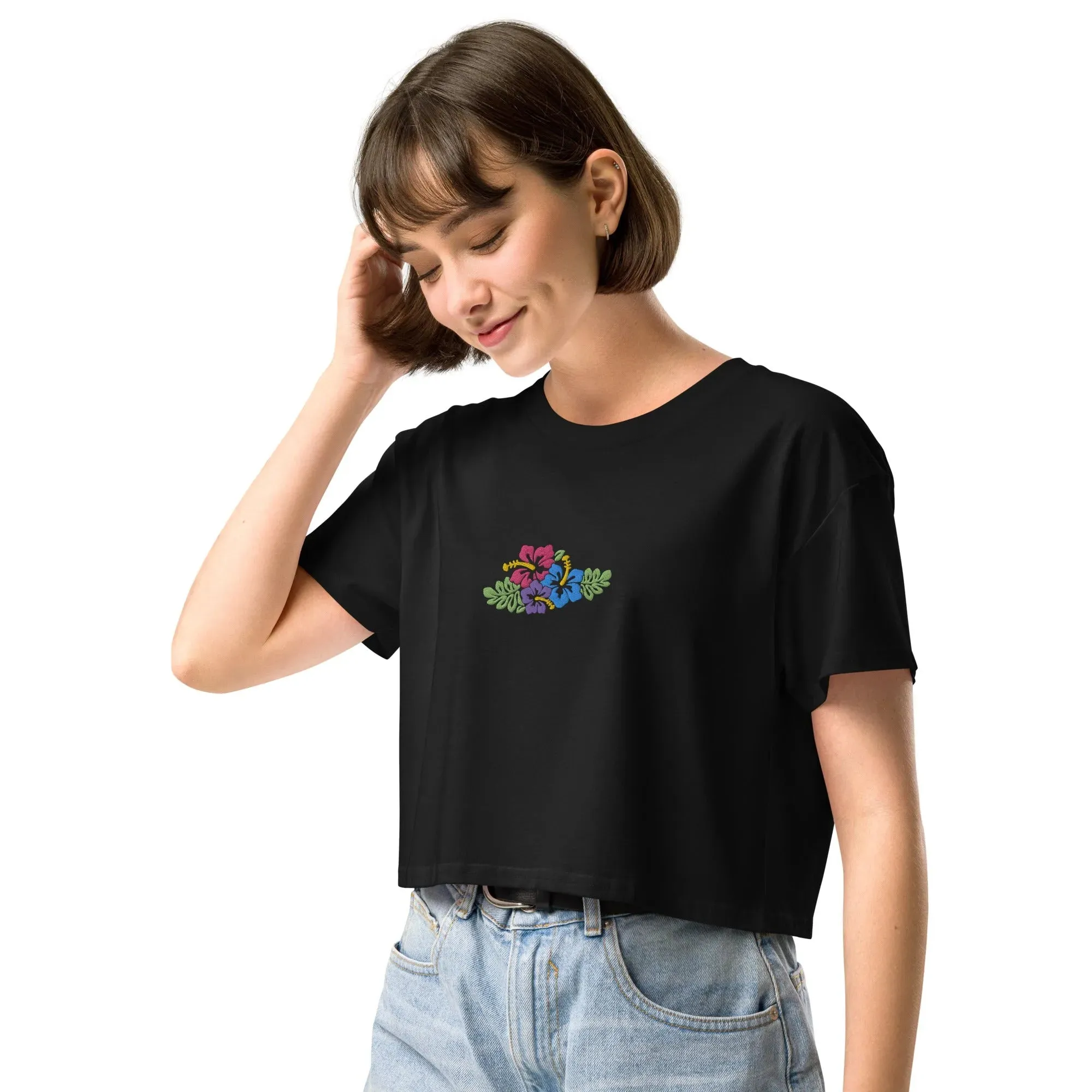 Hawaiian Tropical Leaves Embroidered Cropped T-Shirt