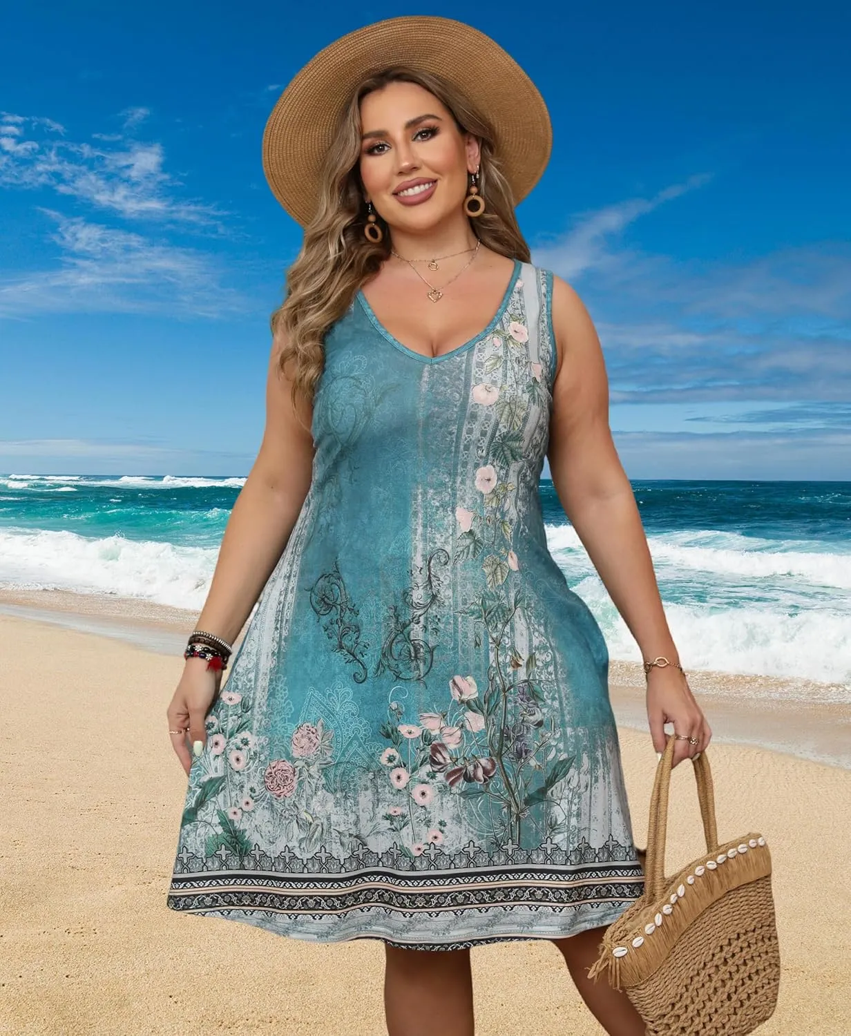 HBEYYTO Women Plus Size V Neck Sleeveless Floral Print Casual Tank Dress Beach Cover up Sundress with Pocket (XL-5X)
