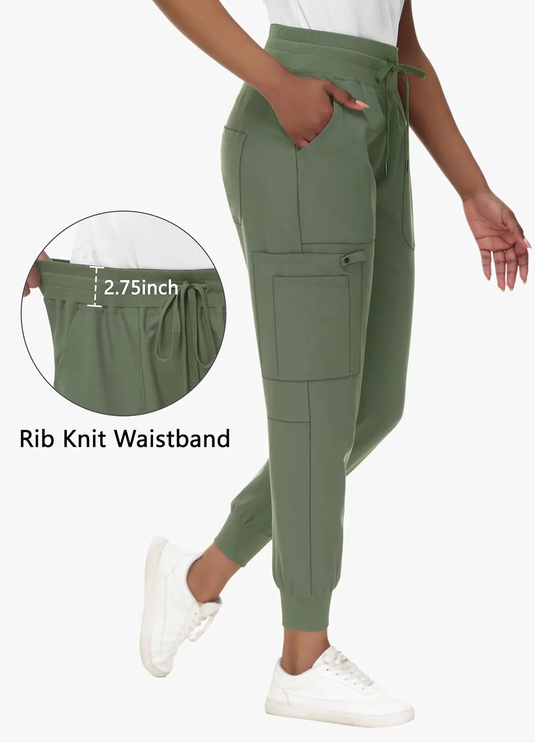 High Waisted Jogger Style Scrub Pants for Women - 8 Pockets Medical Bottoms Tapered Yoga Waistband Ribbed Ankle Cuffs