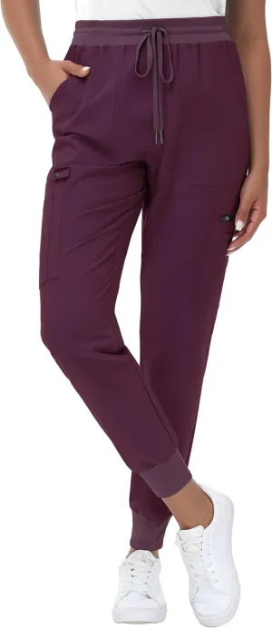 High Waisted Jogger Style Scrub Pants for Women - 8 Pockets Medical Bottoms Tapered Yoga Waistband Ribbed Ankle Cuffs