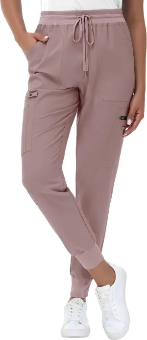 High Waisted Jogger Style Scrub Pants for Women - 8 Pockets Medical Bottoms Tapered Yoga Waistband Ribbed Ankle Cuffs