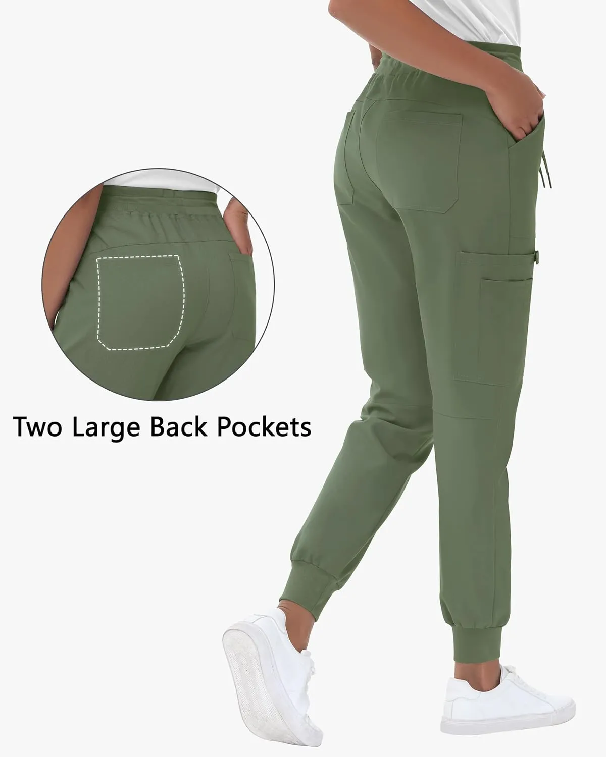 High Waisted Jogger Style Scrub Pants for Women - 8 Pockets Medical Bottoms Tapered Yoga Waistband Ribbed Ankle Cuffs
