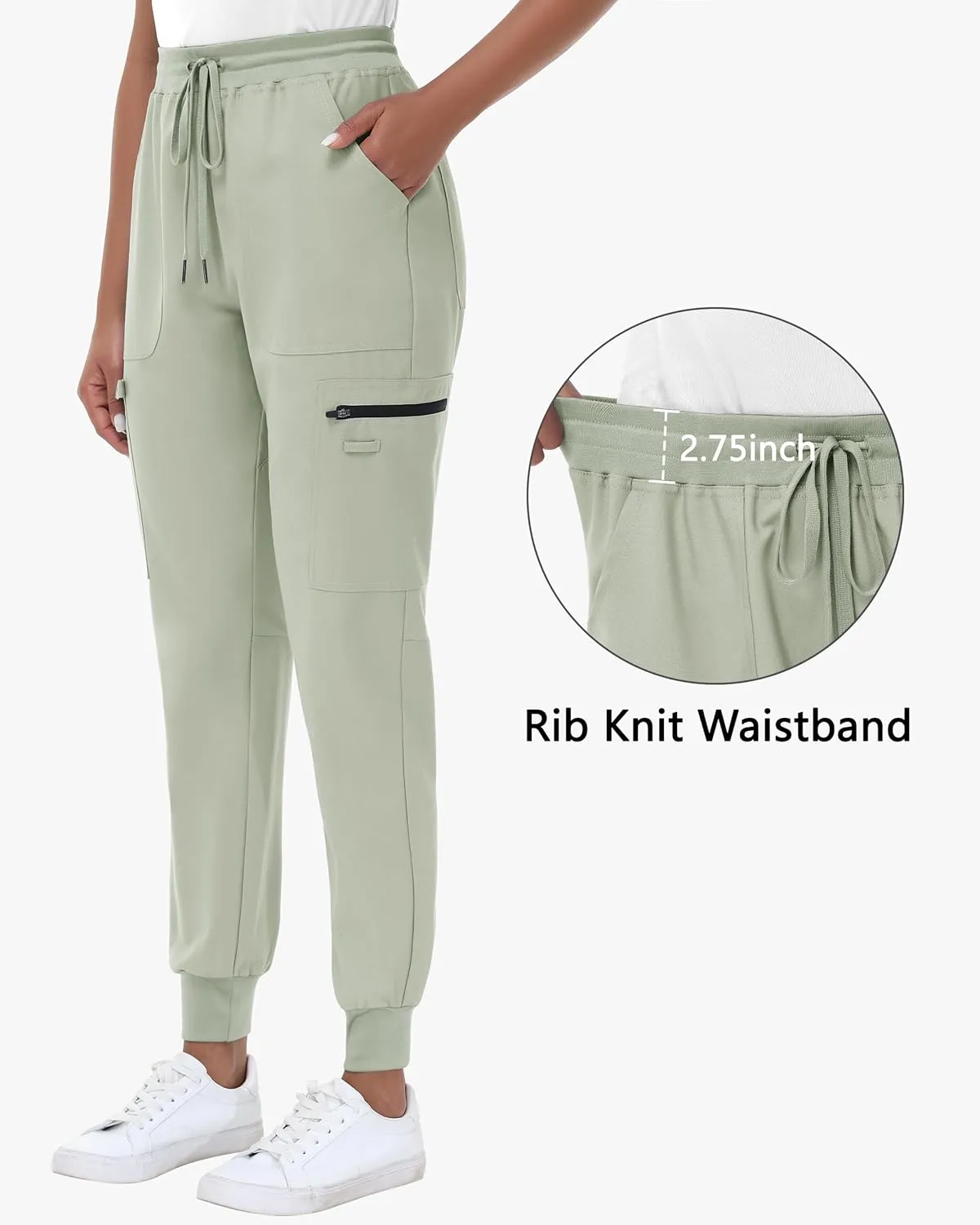 High Waisted Jogger Style Scrub Pants for Women - 8 Pockets Medical Bottoms Tapered Yoga Waistband Ribbed Ankle Cuffs