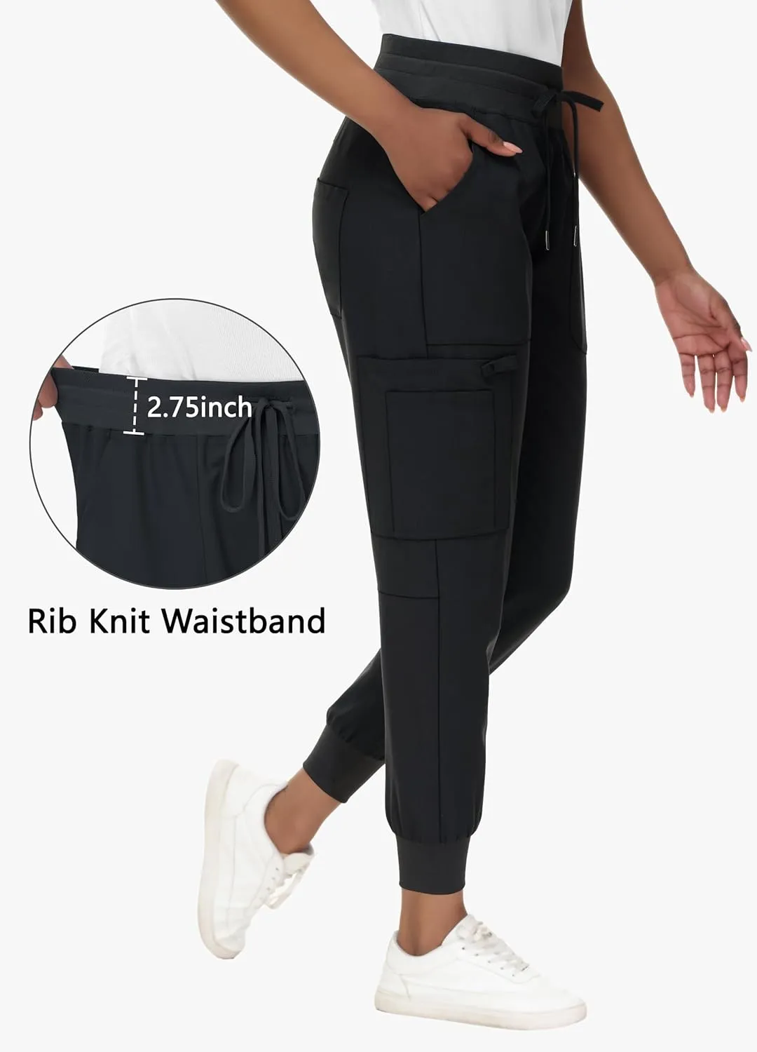 High Waisted Jogger Style Scrub Pants for Women - 8 Pockets Medical Bottoms Tapered Yoga Waistband Ribbed Ankle Cuffs