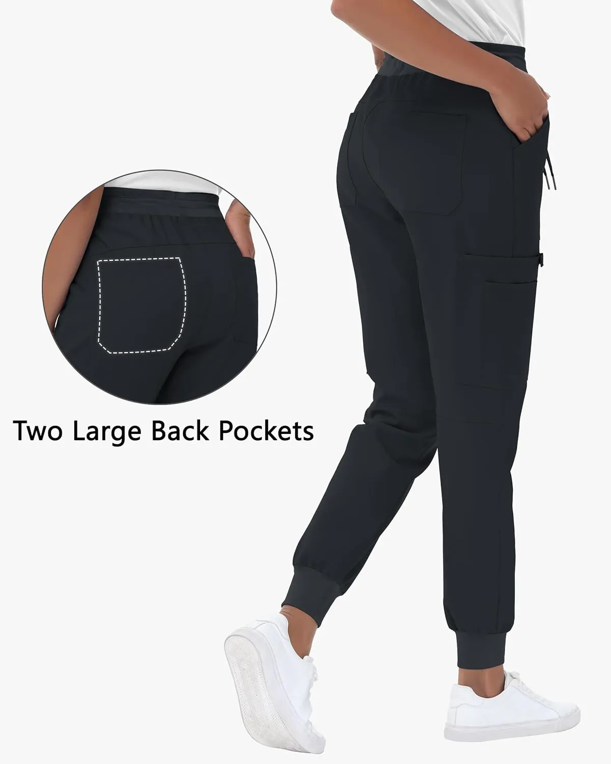 High Waisted Jogger Style Scrub Pants for Women - 8 Pockets Medical Bottoms Tapered Yoga Waistband Ribbed Ankle Cuffs