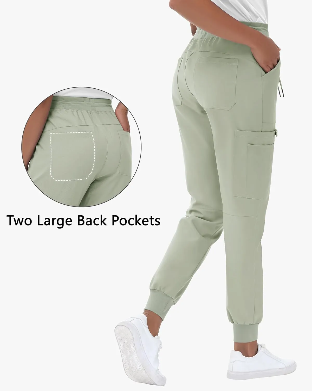 High Waisted Jogger Style Scrub Pants for Women - 8 Pockets Medical Bottoms Tapered Yoga Waistband Ribbed Ankle Cuffs