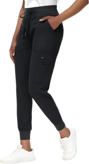 High Waisted Jogger Style Scrub Pants for Women - 8 Pockets Medical Bottoms Tapered Yoga Waistband Ribbed Ankle Cuffs