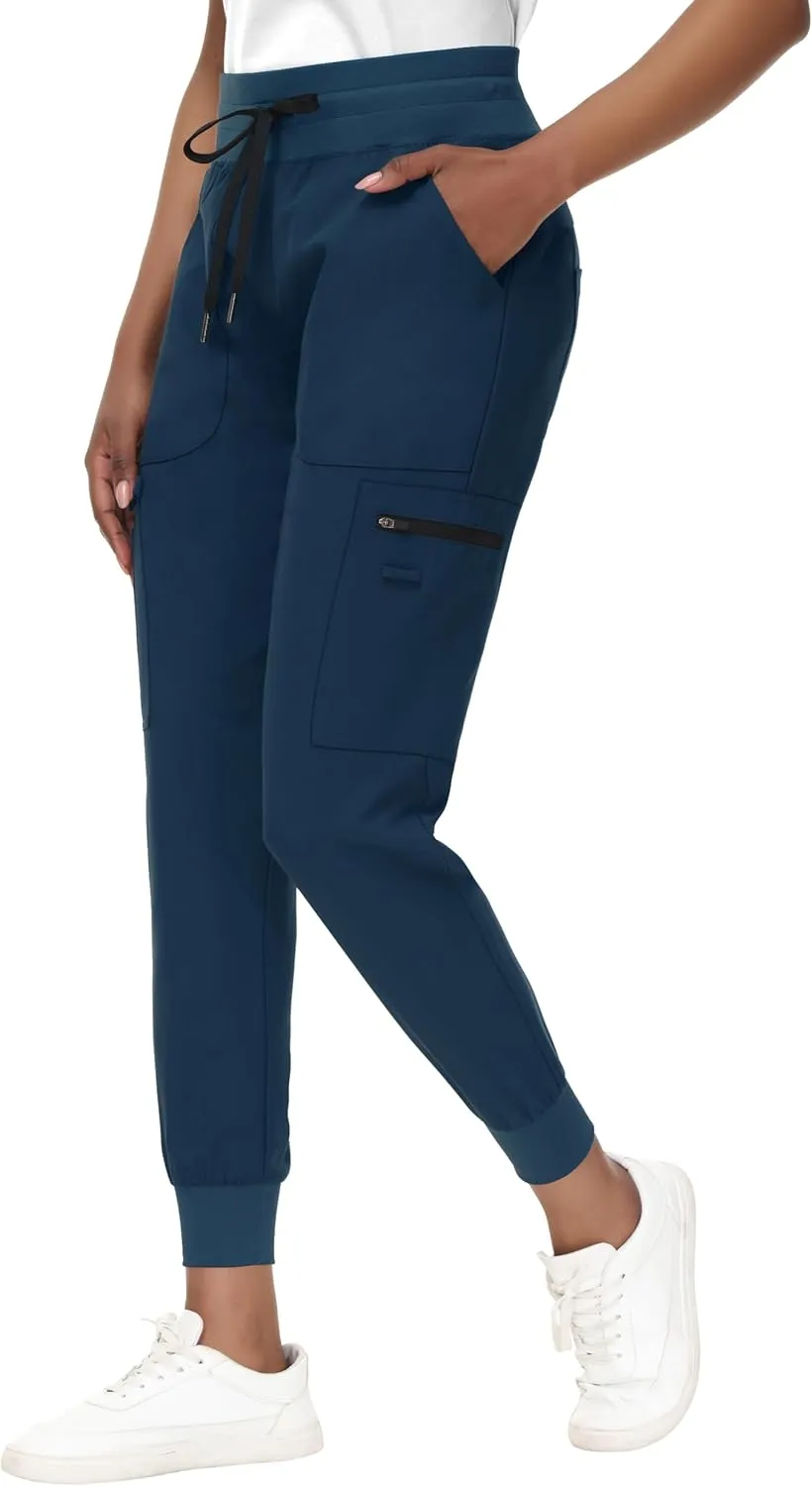 High Waisted Jogger Style Scrub Pants for Women - 8 Pockets Medical Bottoms Tapered Yoga Waistband Ribbed Ankle Cuffs
