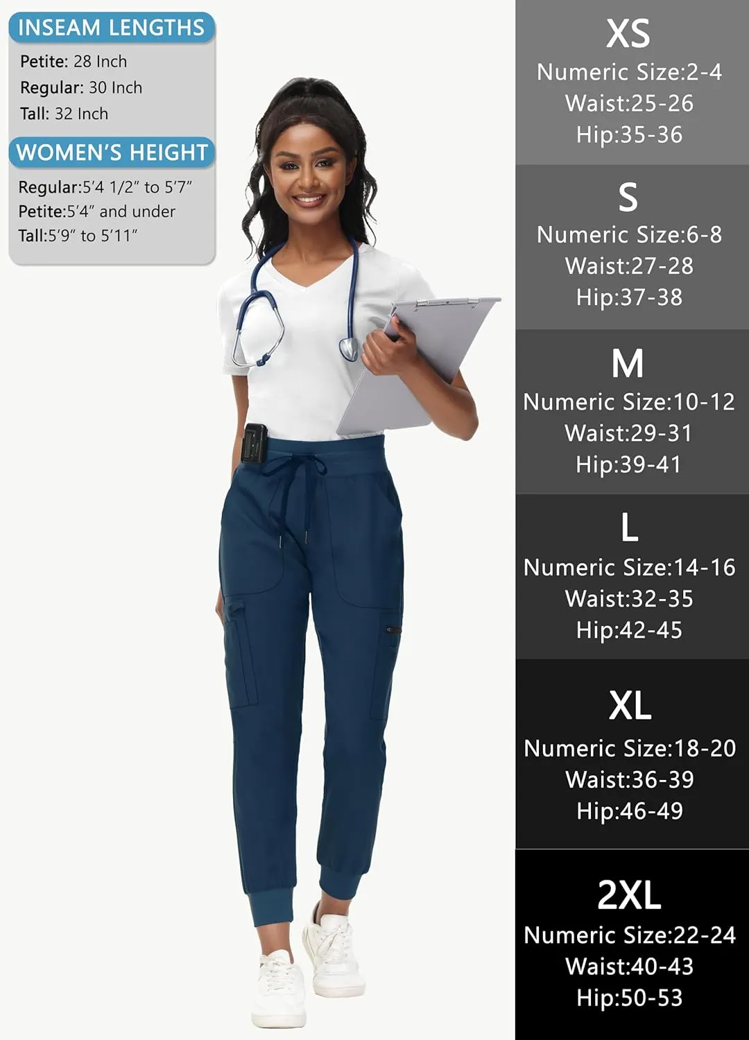High Waisted Jogger Style Scrub Pants for Women - 8 Pockets Medical Bottoms Tapered Yoga Waistband Ribbed Ankle Cuffs