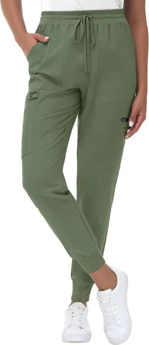 High Waisted Jogger Style Scrub Pants for Women - 8 Pockets Medical Bottoms Tapered Yoga Waistband Ribbed Ankle Cuffs