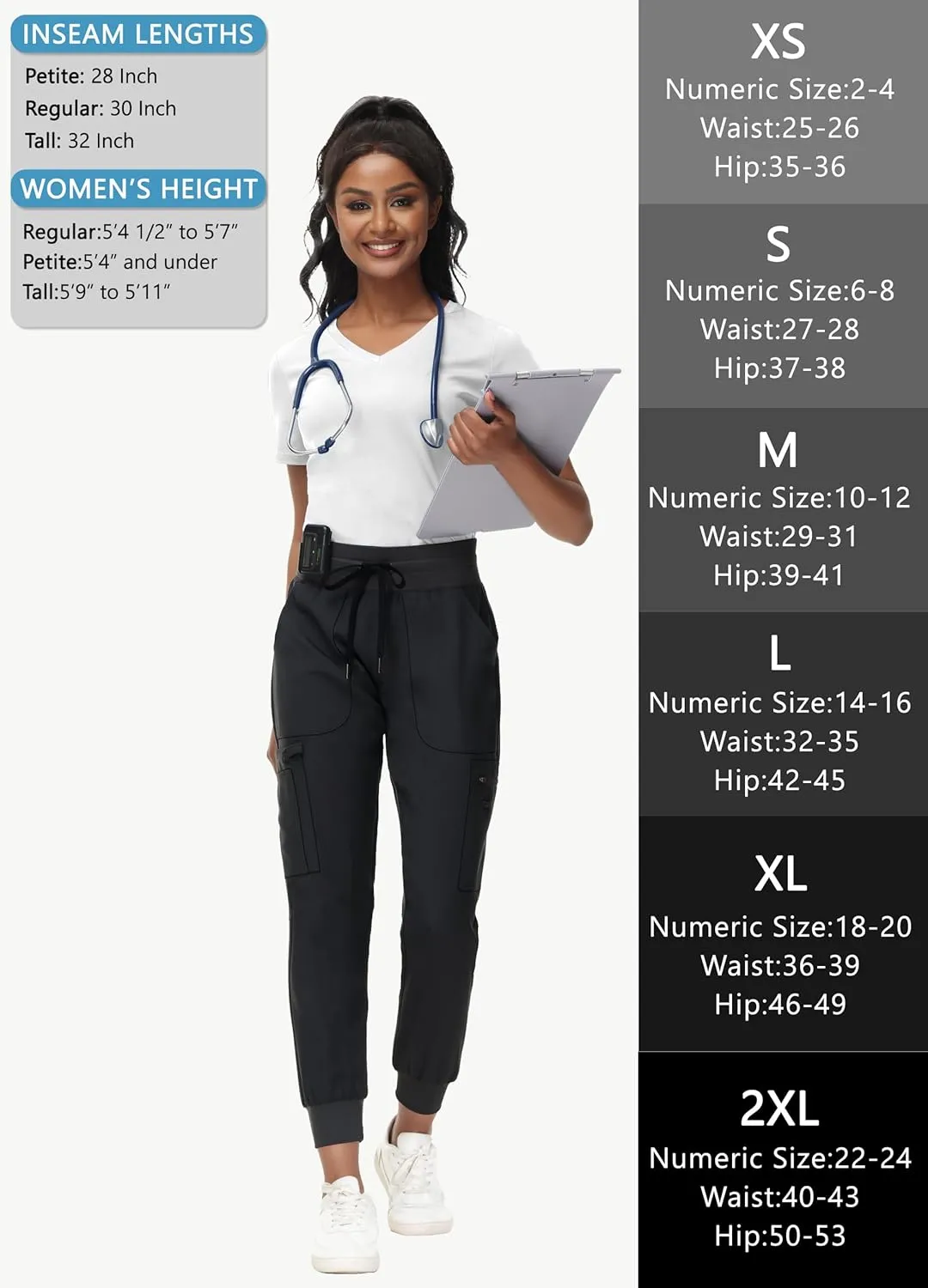 High Waisted Jogger Style Scrub Pants for Women - 8 Pockets Medical Bottoms Tapered Yoga Waistband Ribbed Ankle Cuffs