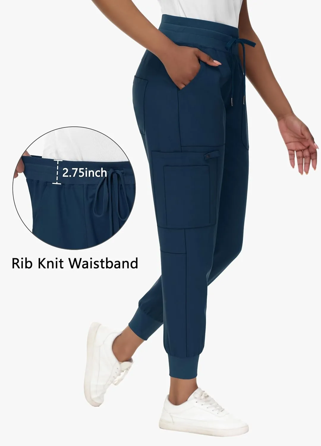 High Waisted Jogger Style Scrub Pants for Women - 8 Pockets Medical Bottoms Tapered Yoga Waistband Ribbed Ankle Cuffs