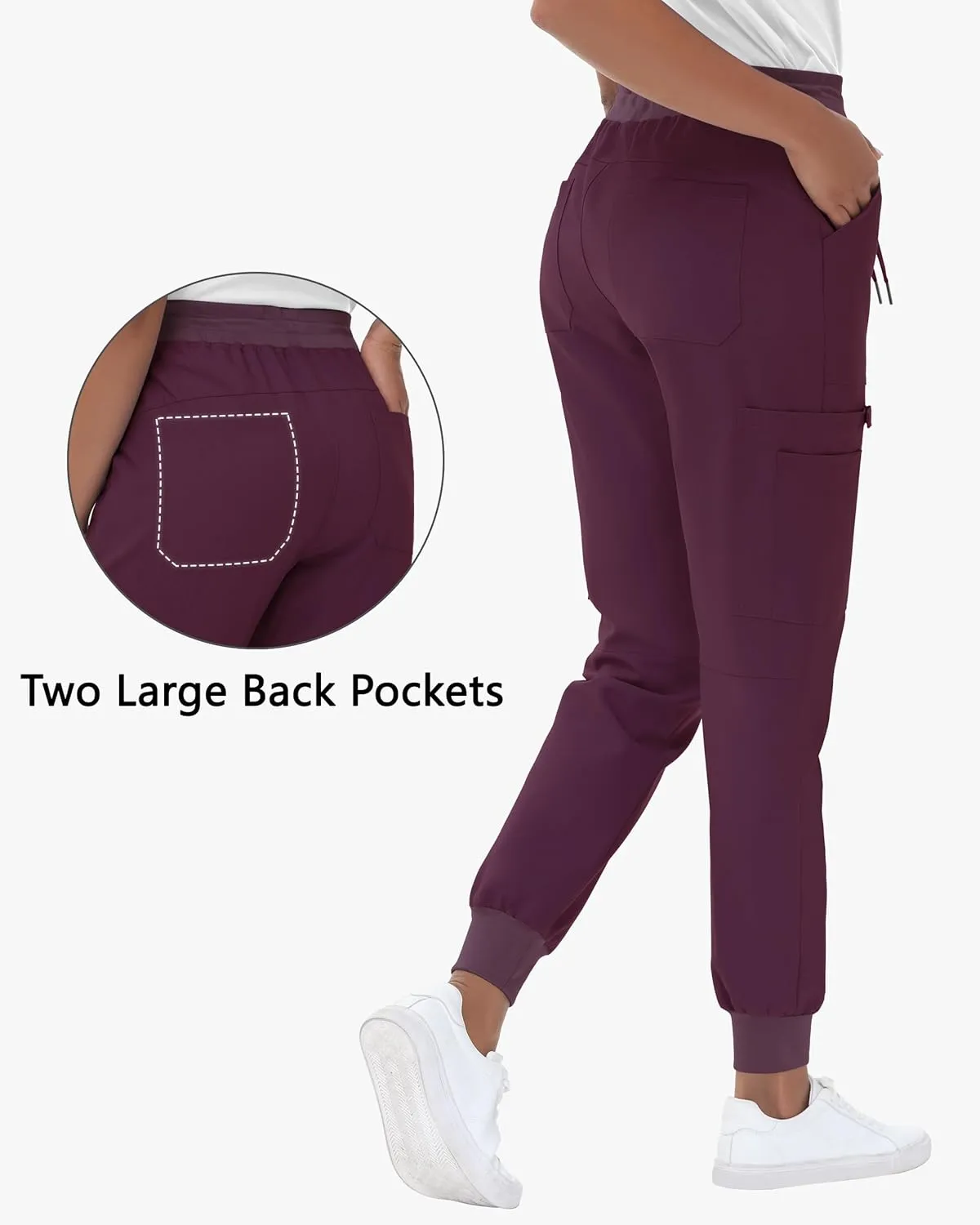 High Waisted Jogger Style Scrub Pants for Women - 8 Pockets Medical Bottoms Tapered Yoga Waistband Ribbed Ankle Cuffs