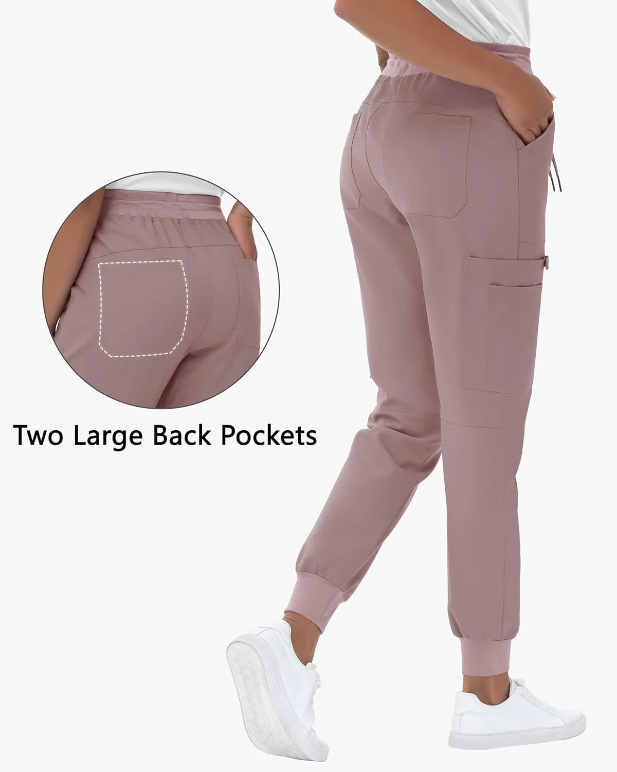 High Waisted Jogger Style Scrub Pants for Women - 8 Pockets Medical Bottoms Tapered Yoga Waistband Ribbed Ankle Cuffs
