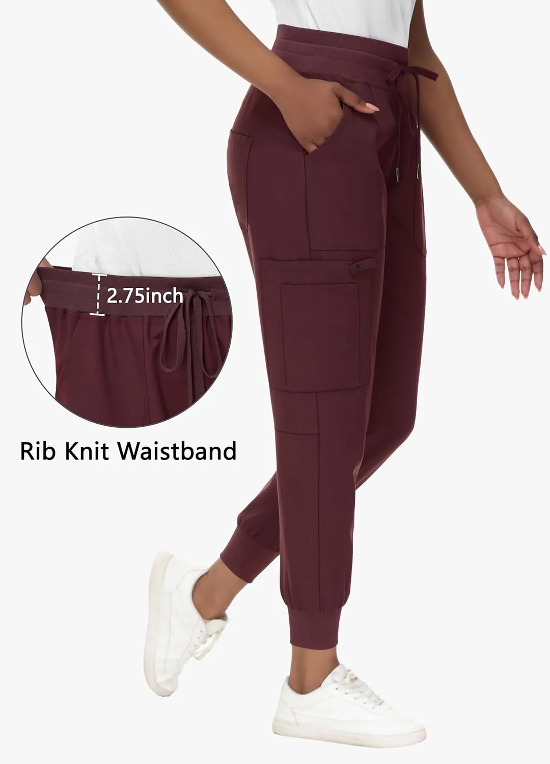 High Waisted Jogger Style Scrub Pants for Women - 8 Pockets Medical Bottoms Tapered Yoga Waistband Ribbed Ankle Cuffs