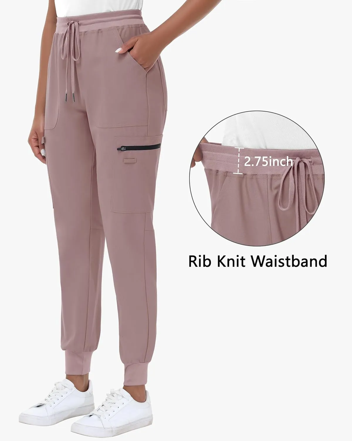 High Waisted Jogger Style Scrub Pants for Women - 8 Pockets Medical Bottoms Tapered Yoga Waistband Ribbed Ankle Cuffs