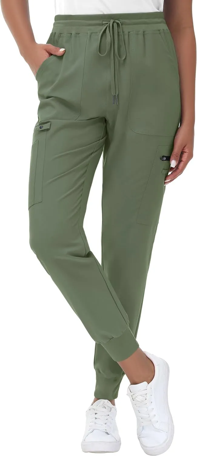 High Waisted Jogger Style Scrub Pants for Women - 8 Pockets Medical Bottoms Tapered Yoga Waistband Ribbed Ankle Cuffs