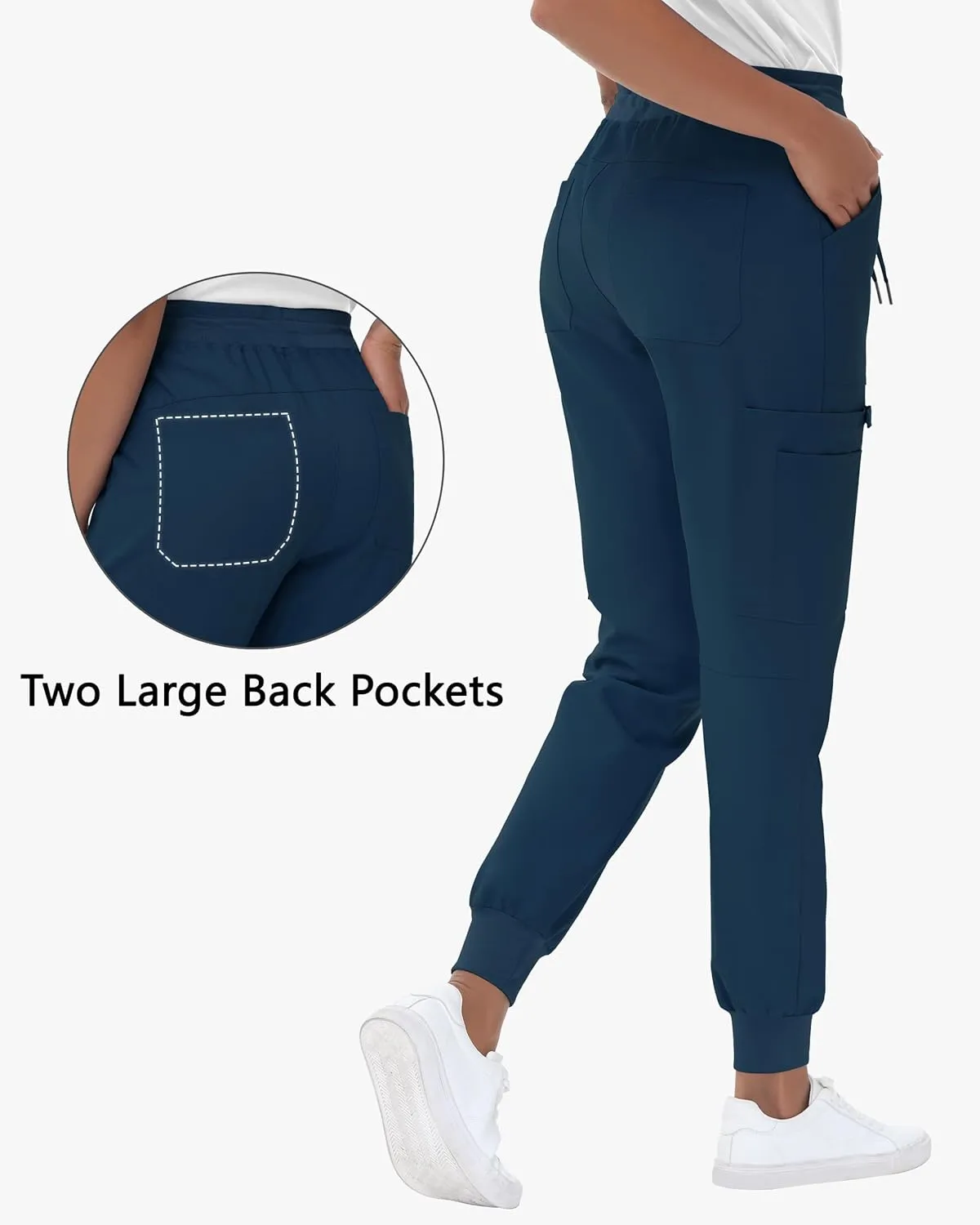 High Waisted Jogger Style Scrub Pants for Women - 8 Pockets Medical Bottoms Tapered Yoga Waistband Ribbed Ankle Cuffs