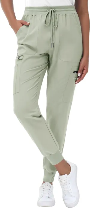 High Waisted Jogger Style Scrub Pants for Women - 8 Pockets Medical Bottoms Tapered Yoga Waistband Ribbed Ankle Cuffs