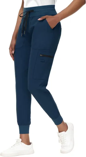 High Waisted Jogger Style Scrub Pants for Women - 8 Pockets Medical Bottoms Tapered Yoga Waistband Ribbed Ankle Cuffs