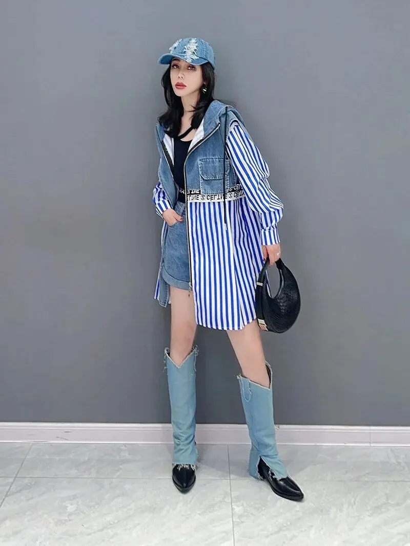 Hooded Denim Stripe Fake Two Piece Shirt Jacket