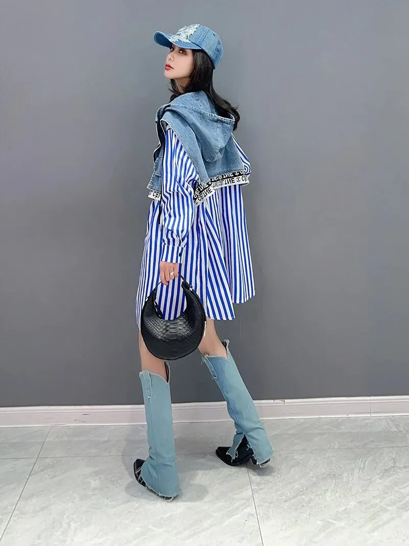 Hooded Denim Stripe Fake Two Piece Shirt Jacket