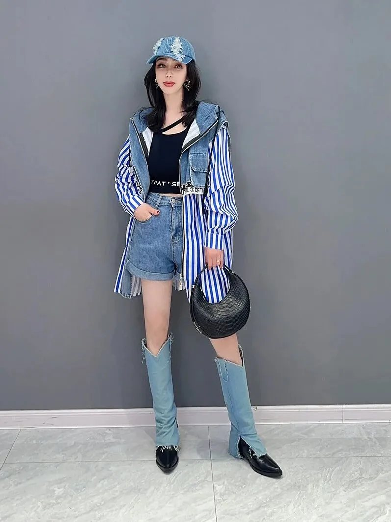 Hooded Denim Stripe Fake Two Piece Shirt Jacket